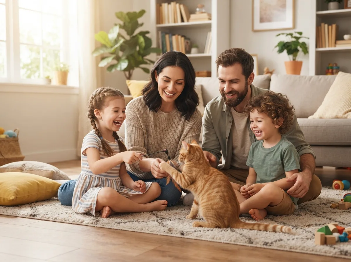 Family playing with a friendly cat in living room