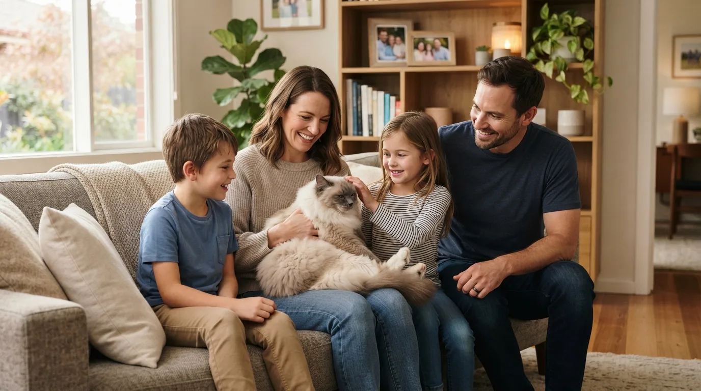 Happy family with their pet cats in a cozy home setting