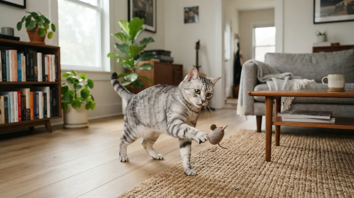 A lively shorthaired cat exploring a busy home environment