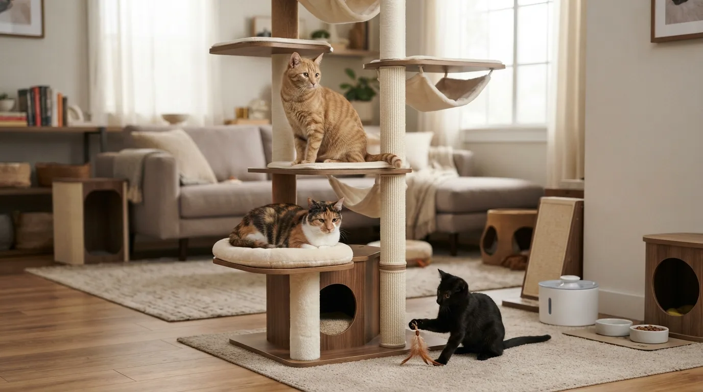 Multiple cats in a cozy home environment, exploring and relaxing in common spaces.