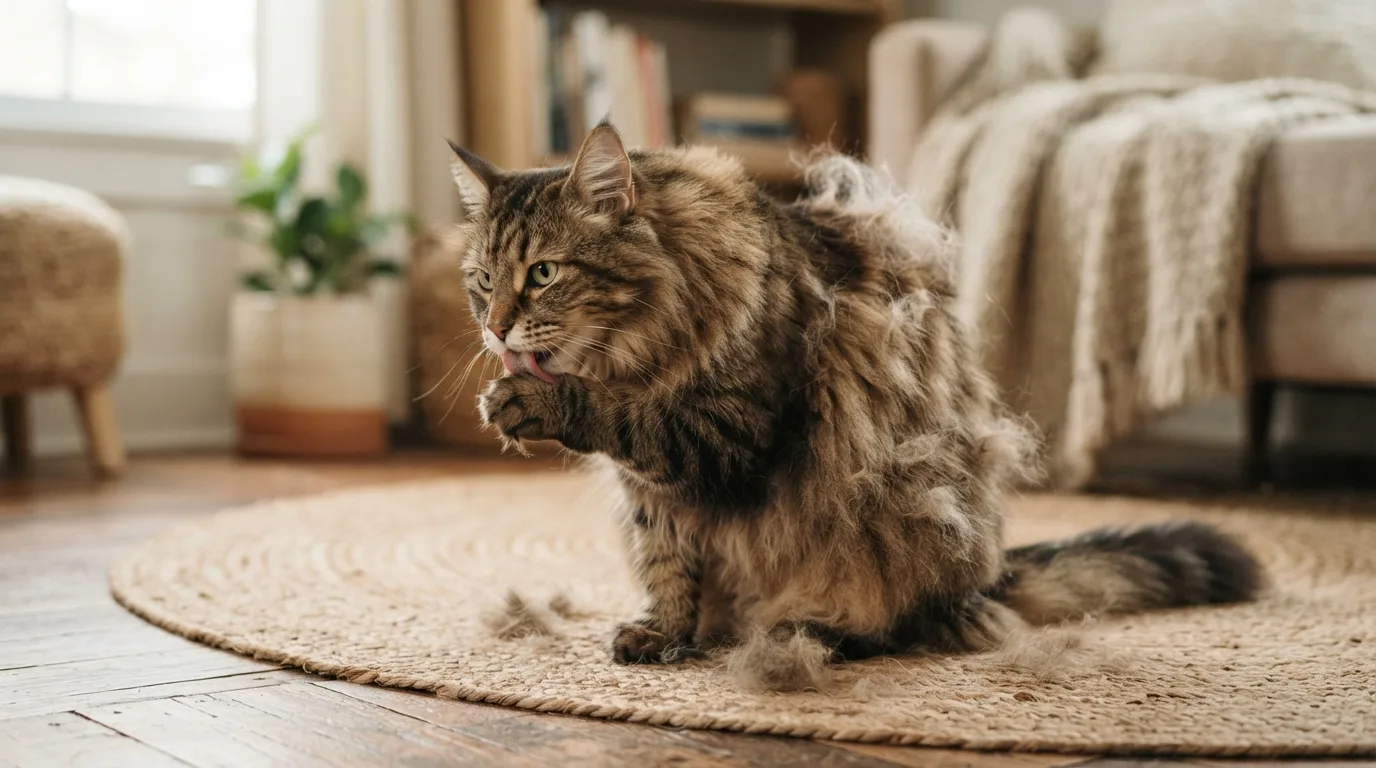 Longhaired cat during seasonal shedding managed by grooming