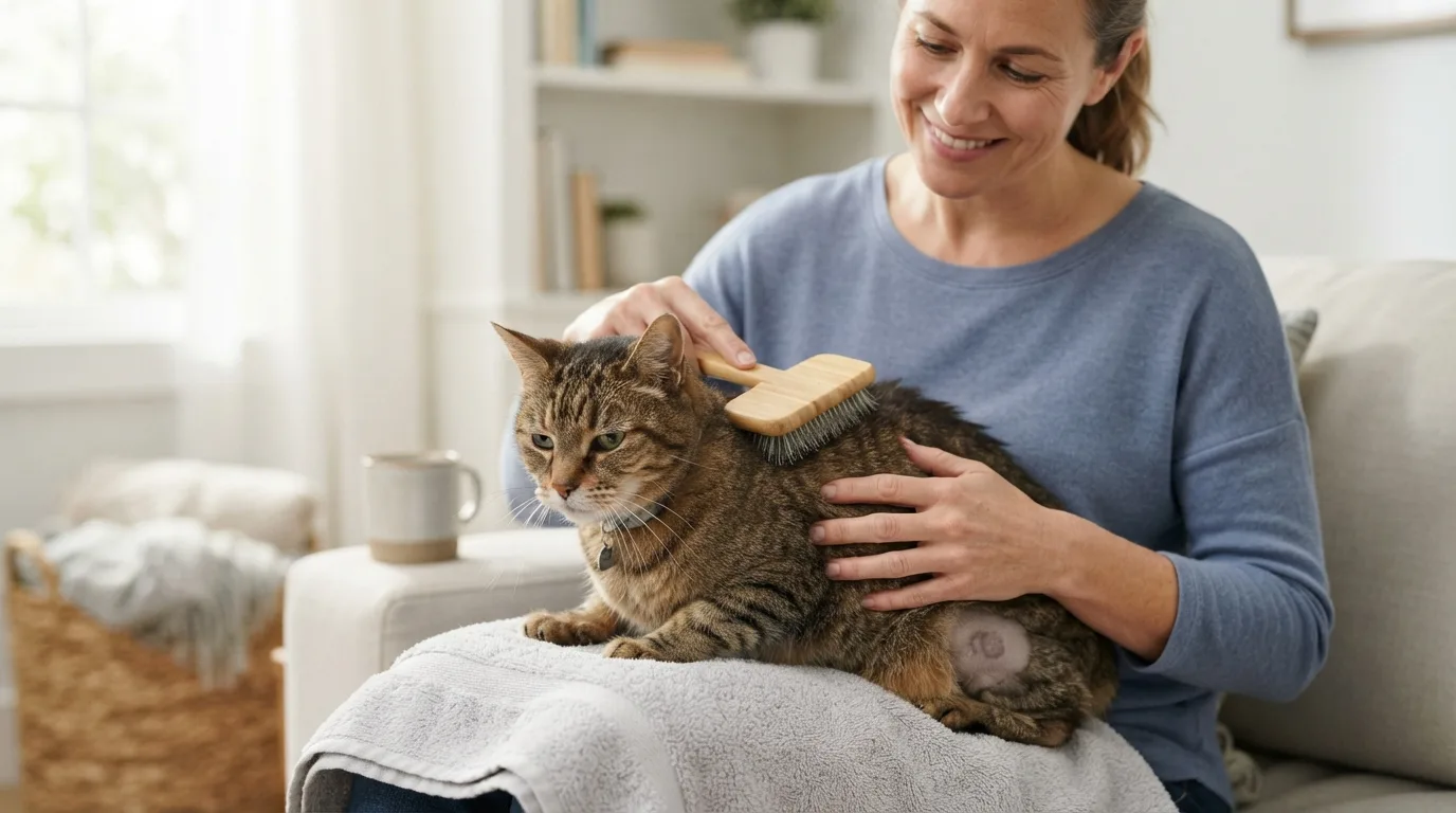A groomer gently trimming the nails of a diabetic cat on a grooming table