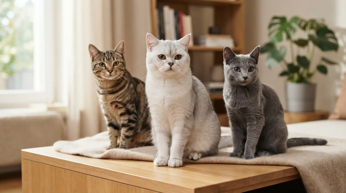 Various shorthaired cats of different breeds and personalities