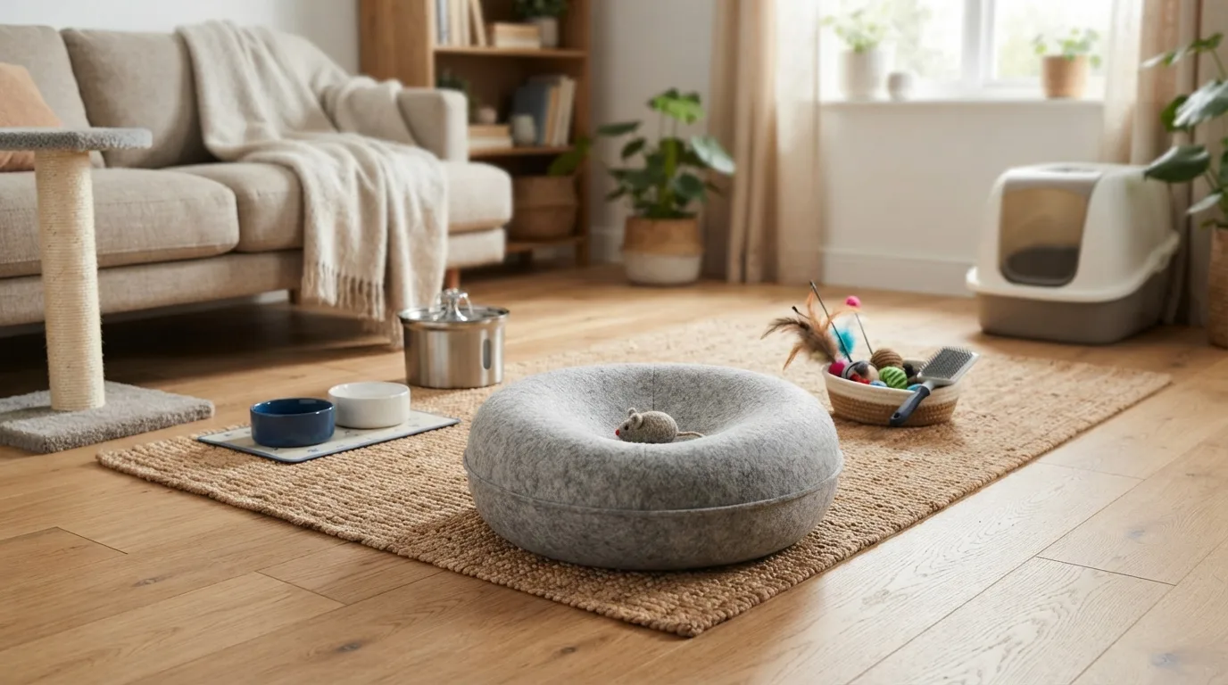 A prepared household space for a new cat, with cozy hideaways and safe environment