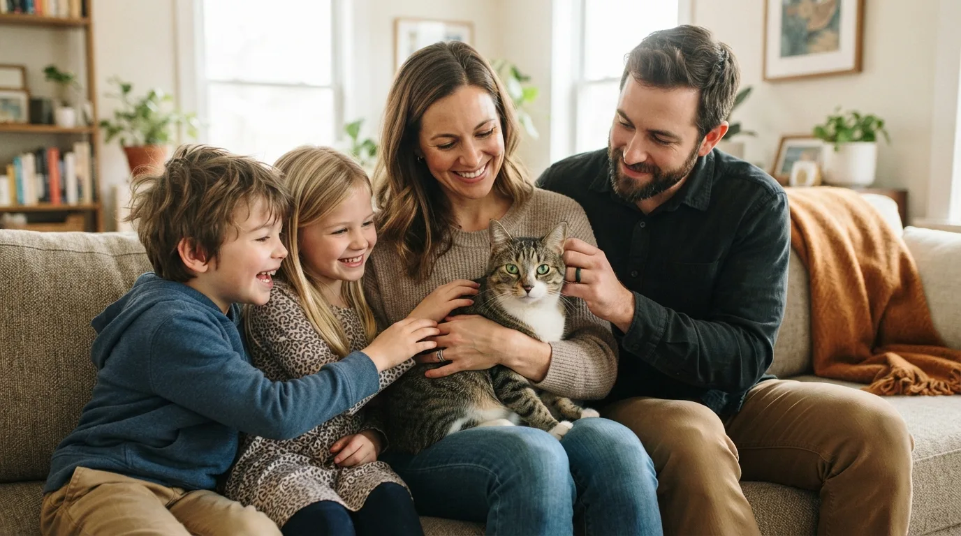 Happy family with a mixed-breed cat in the home