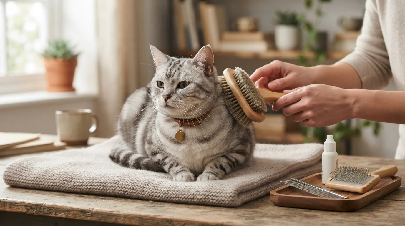 A long-haired cat being groomed by its owner