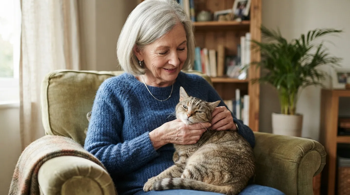 A relaxed elderly person sitting with a calm, mature cat