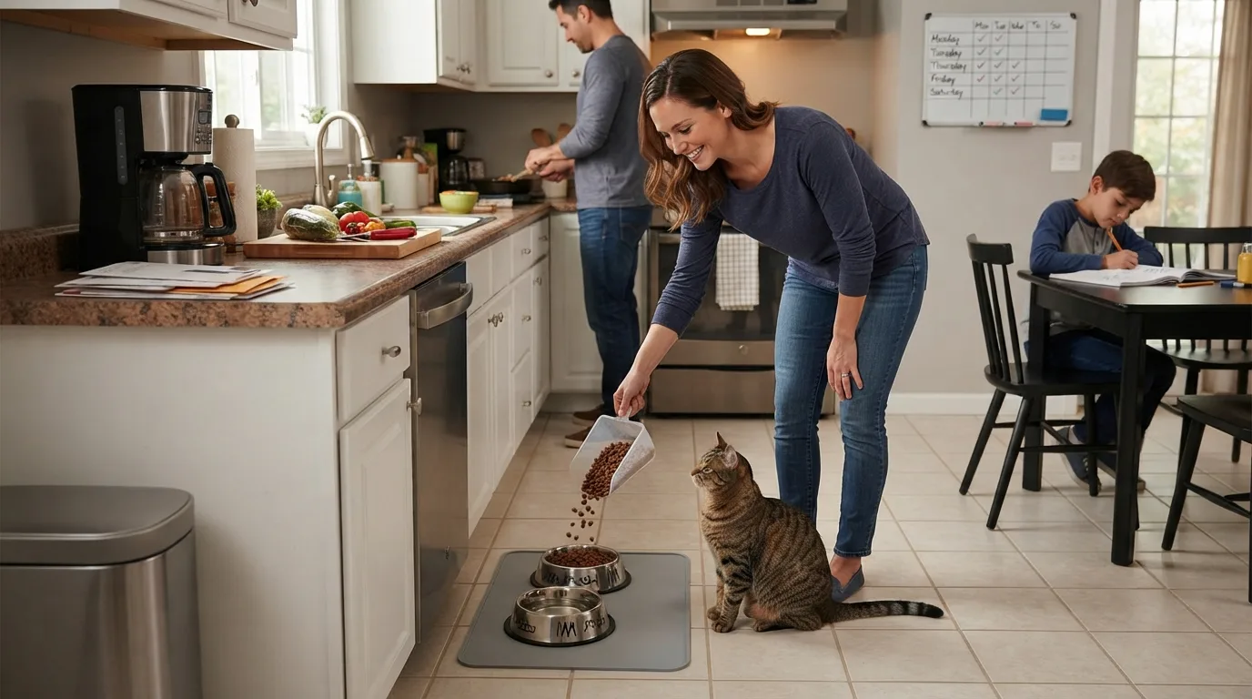 A busy household feeding a cat with measured portions from an automatic feeder
