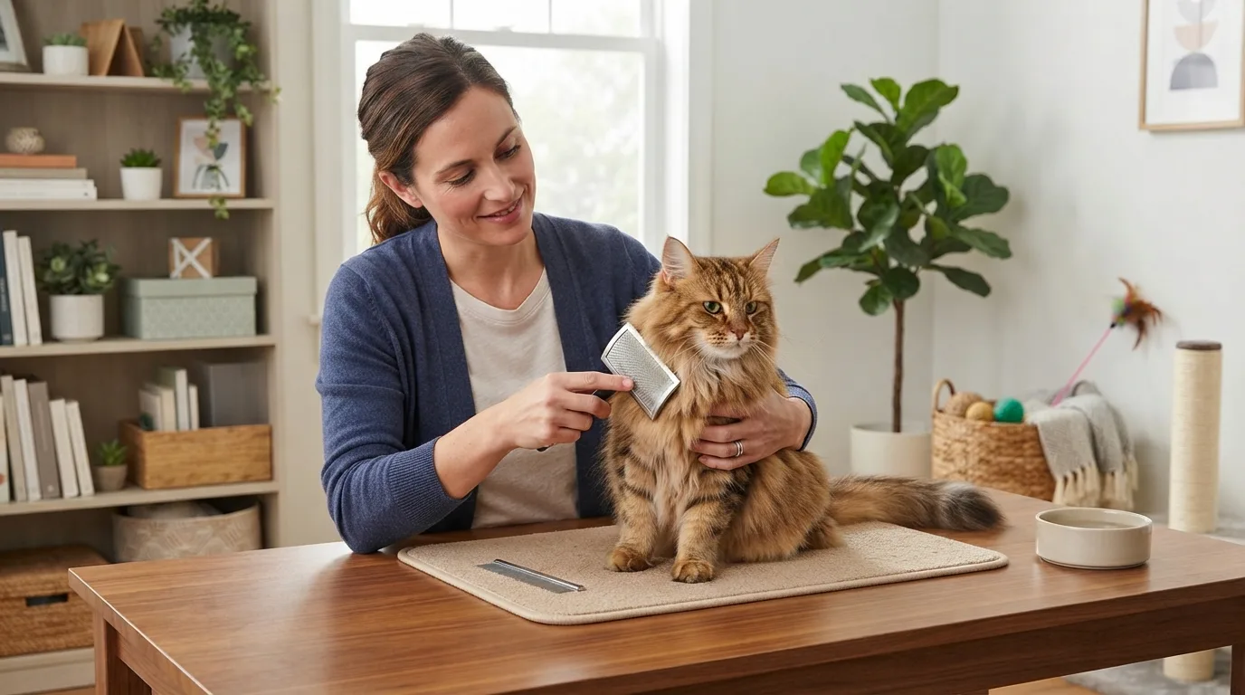 Longhaired cat groomed with brushes, demonstrating grooming techniques