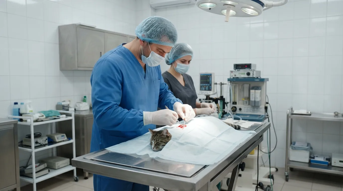 A veterinarian performing neutering and spaying surgeries on cats