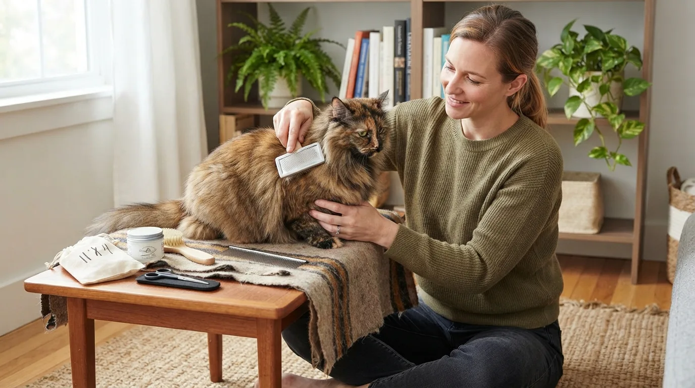 A longhaired cat being groomed with a budget-friendly brush