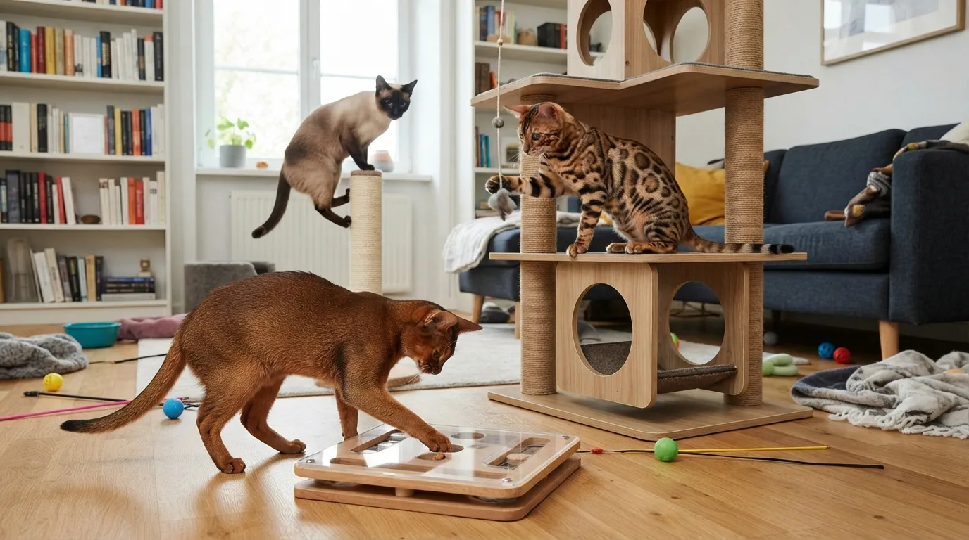 Active and intelligent cat with climbing toys in a modern home