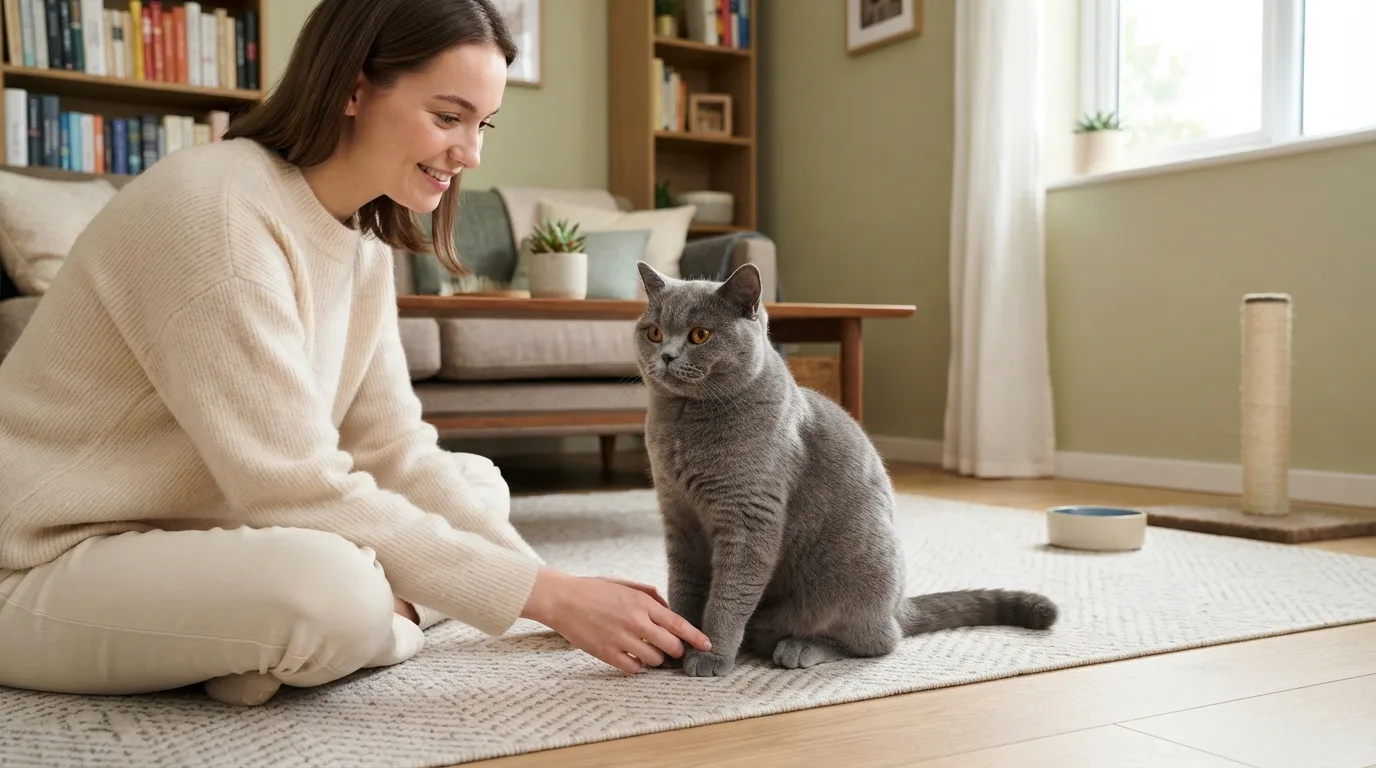 A friendly, shorthaired cat sitting calmly, showcasing an ideal breed for first-time owners.