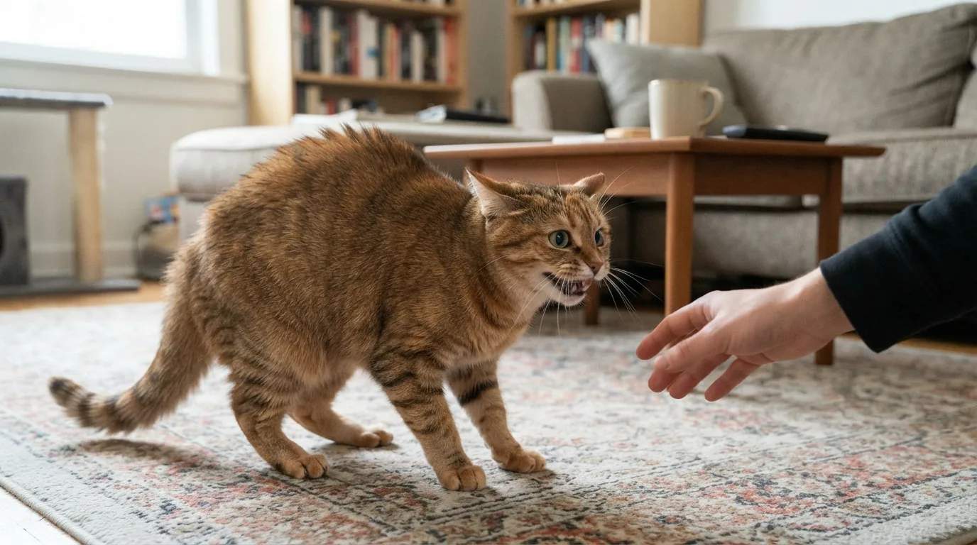 A cat exhibiting defensive postures, such as arched back and puffed fur, indicating aggression or fear.