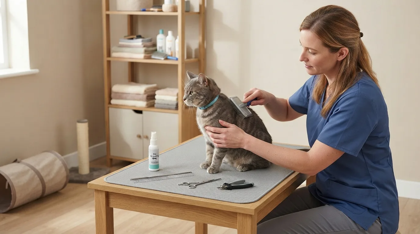 A cat being groomed with a brush, highlighting grooming essentials for cats.