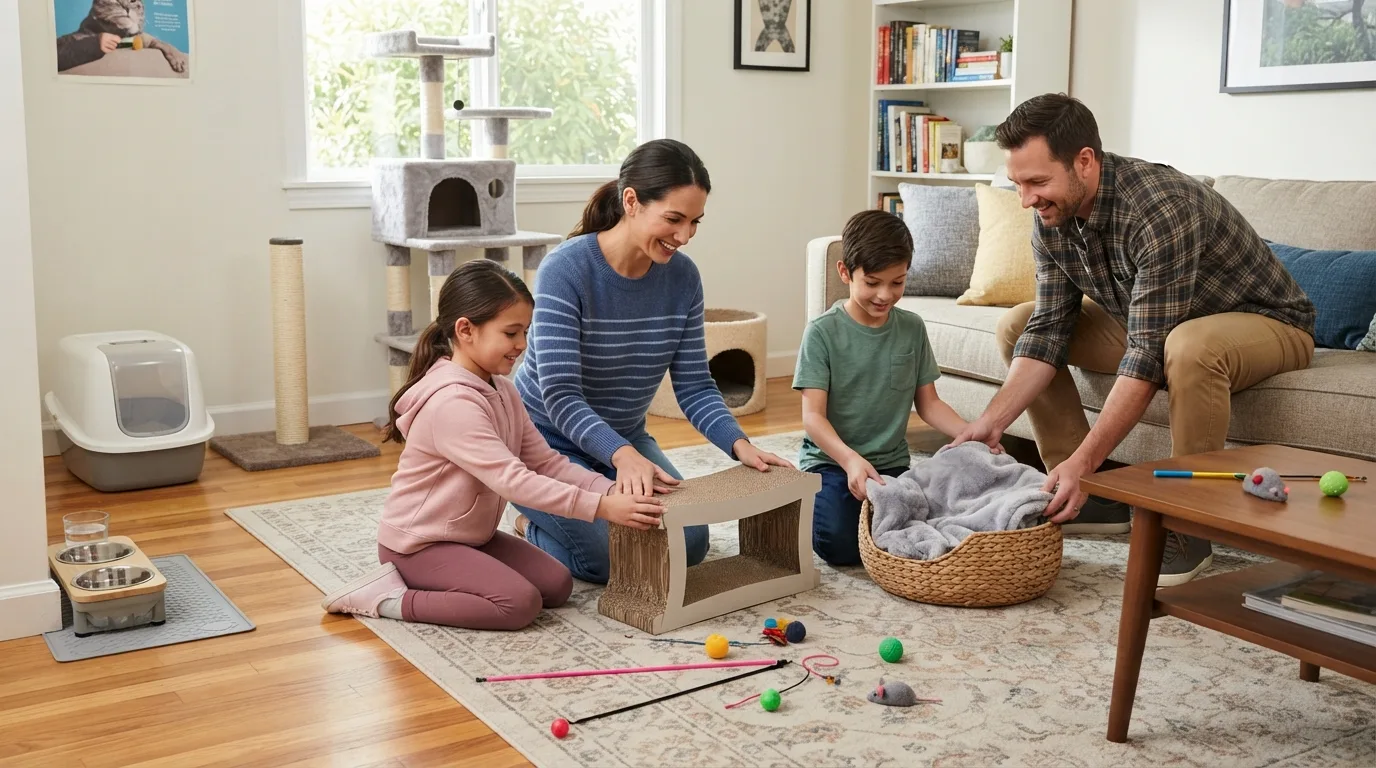 Family with children preparing household for new cat