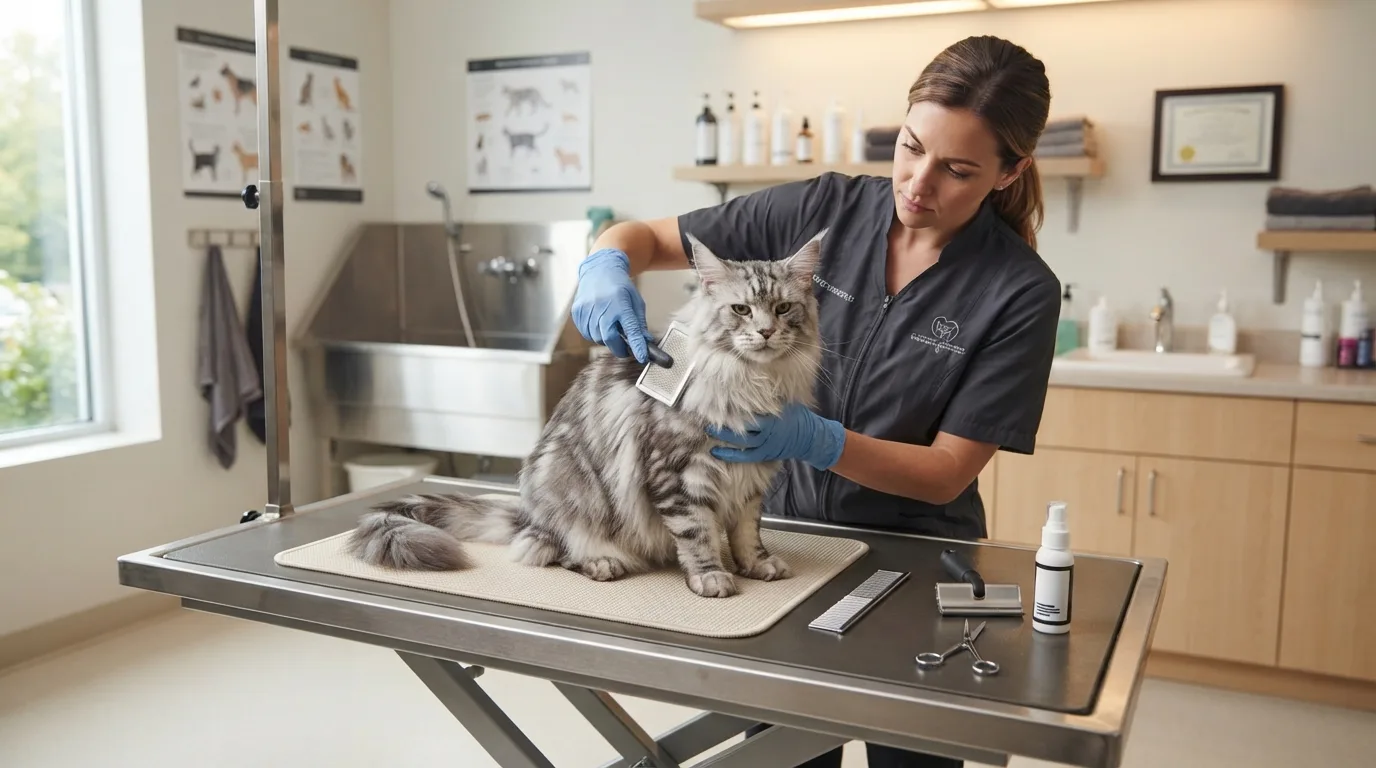 Close-up of a distinctive coat cat during seasonal change grooming