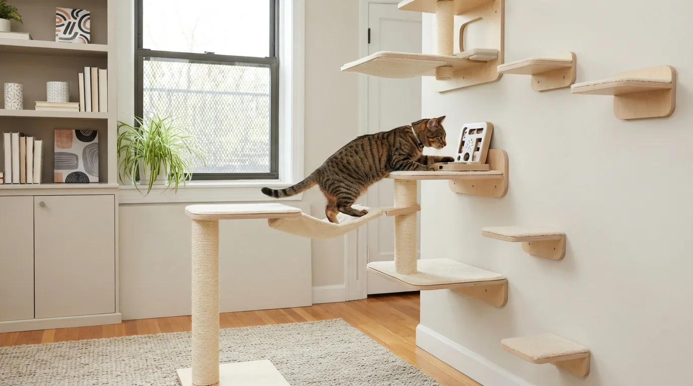 Active and curious cat exploring a safe climbing area