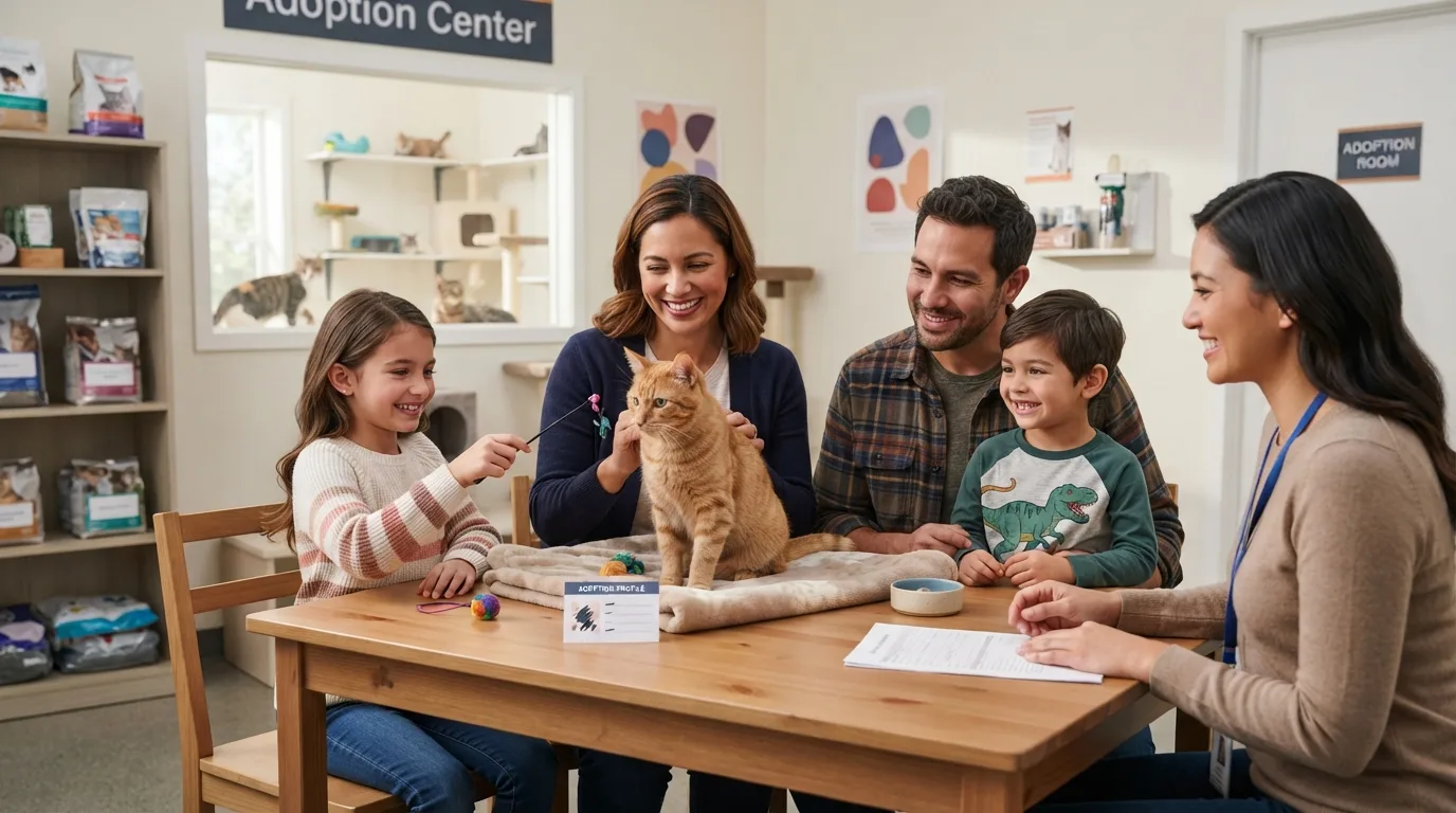 Family with children and a small cat at home