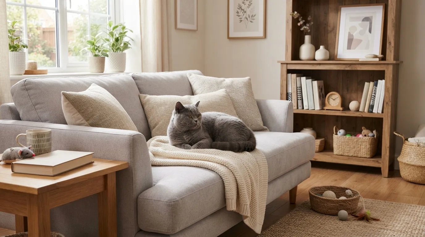 A British Shorthair lounging comfortably in a cozy home corner