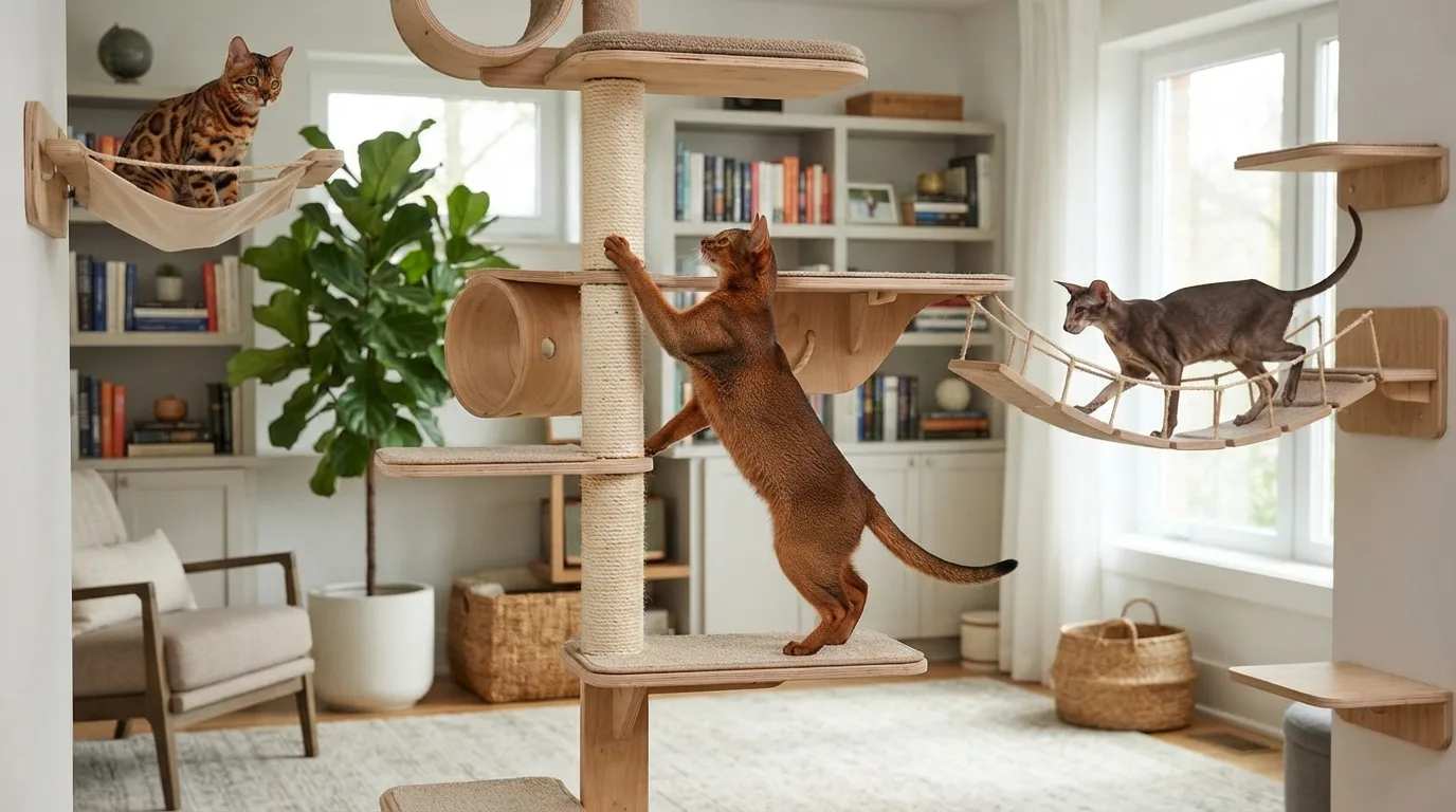 Active and intelligent cats climbing and exploring in a home environment.